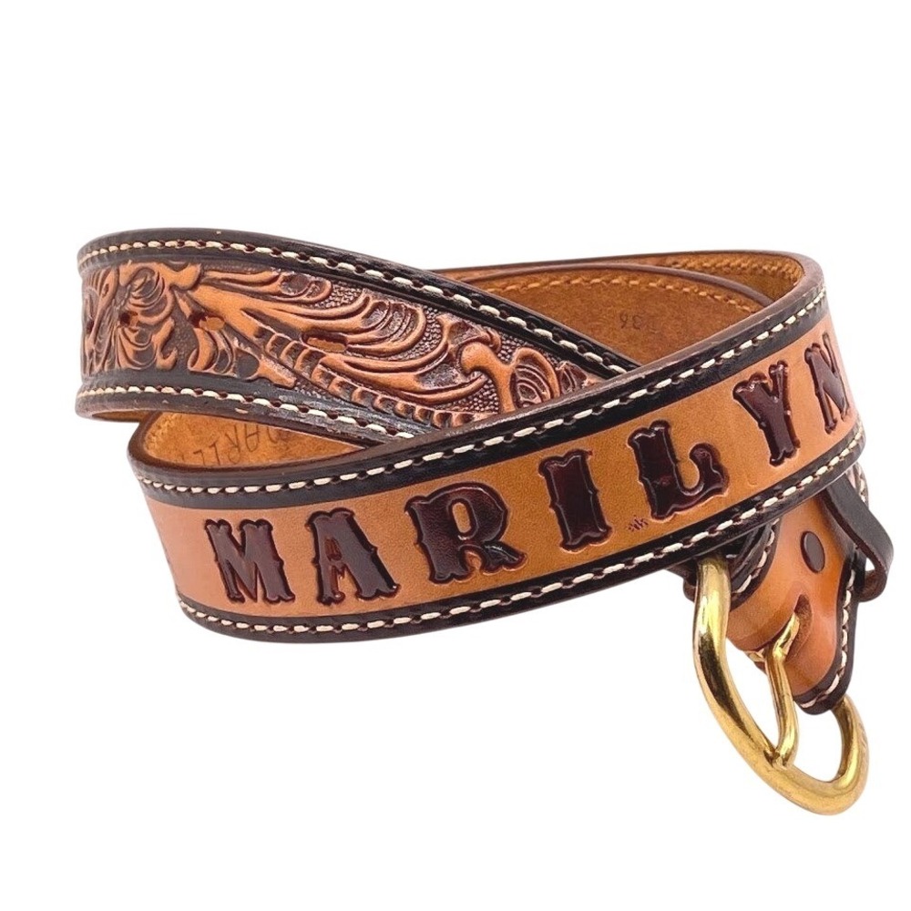 Vintage Tony Lama Tooled Leather Western Belt Size 36 Brass Buckle Marilyn 19588